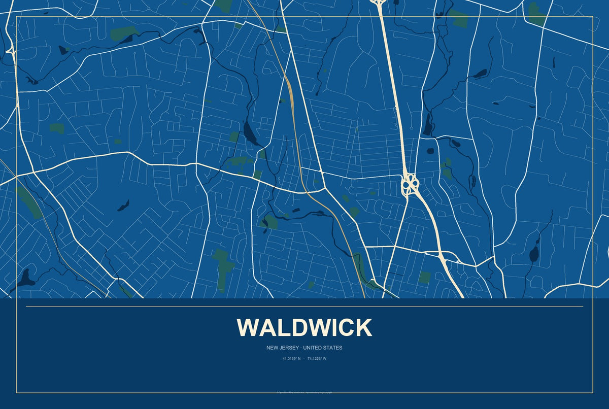 Waldwick, New Jersey City Map Aluminum Sign in Harbor Cobalt style