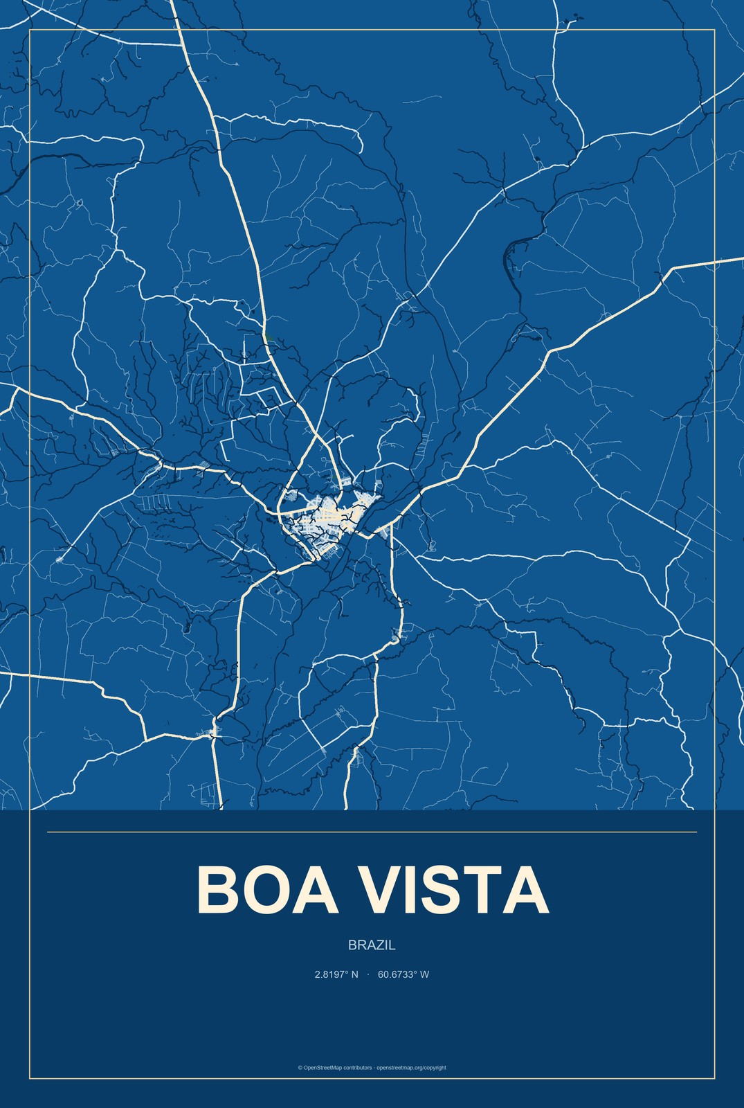 Boa Vista, Brazil City Map Aluminum Sign in Harbor Cobalt style