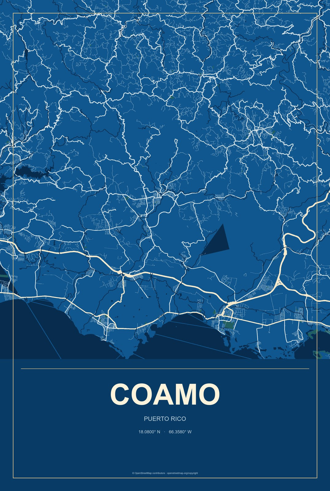 Coamo, Puerto Rico City Map Aluminum Sign in Harbor Cobalt style