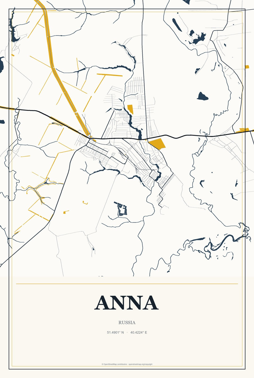 Anna, Russia City Map Aluminum Sign in Citrine Modern style