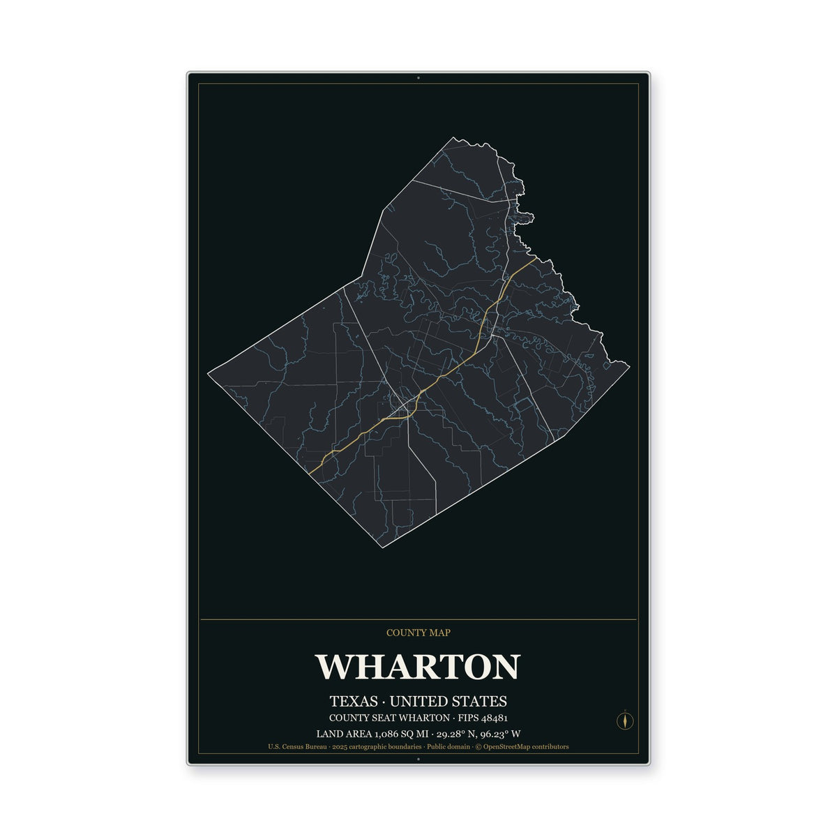 Wharton County, Texas Map Aluminum Sign in Metropolitan Noir style