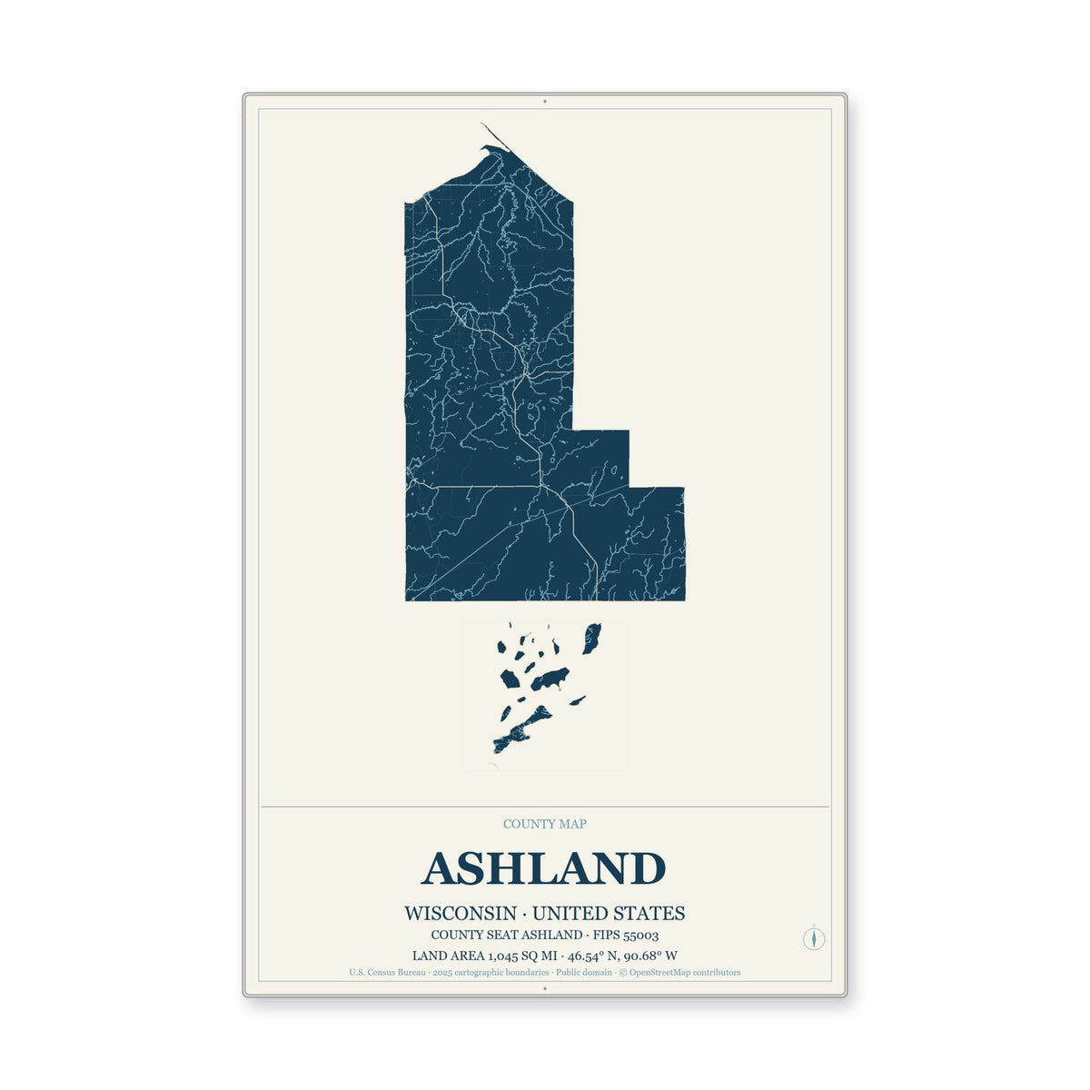 Ashland County, Wisconsin Map Aluminum Sign in Coastal Cutout style