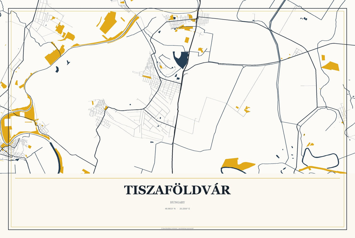 Tiszaföldvár, Hungary City Map Aluminum Sign in Citrine Modern style