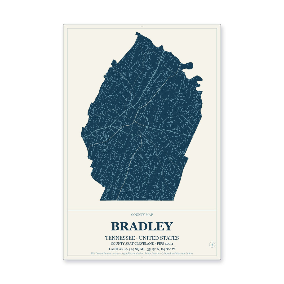 Bradley County, Tennessee Map Aluminum Sign in Coastal Cutout style