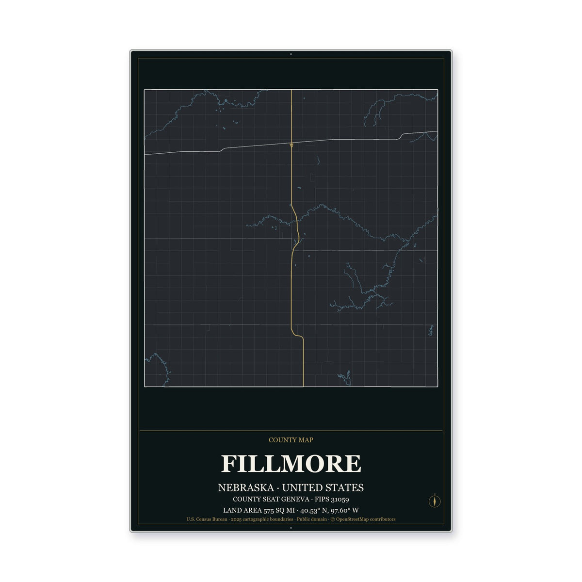 Fillmore County, Nebraska Map Aluminum Sign in Metropolitan Noir style