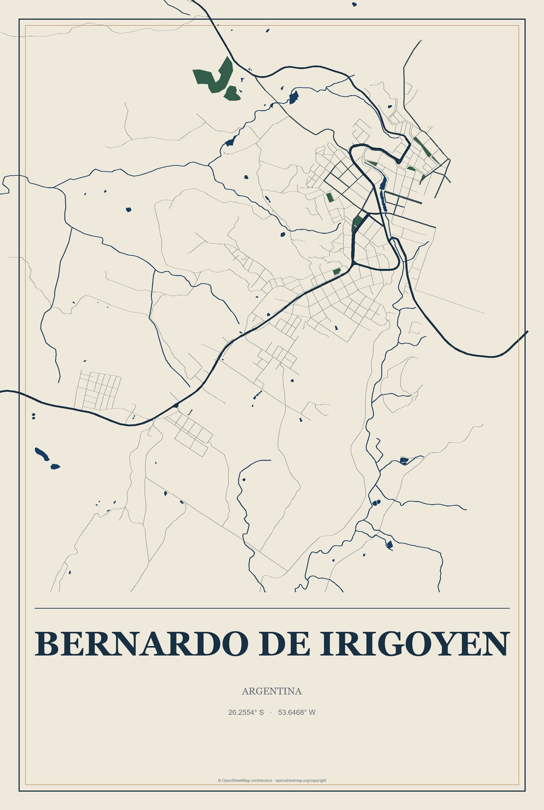 Bernardo de Irigoyen, Argentina City Map Aluminum Sign in Coastal Cutout style