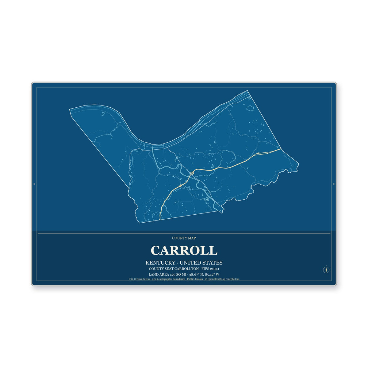 Carroll County, Kentucky Map Aluminum Sign in Harbor Cobalt style