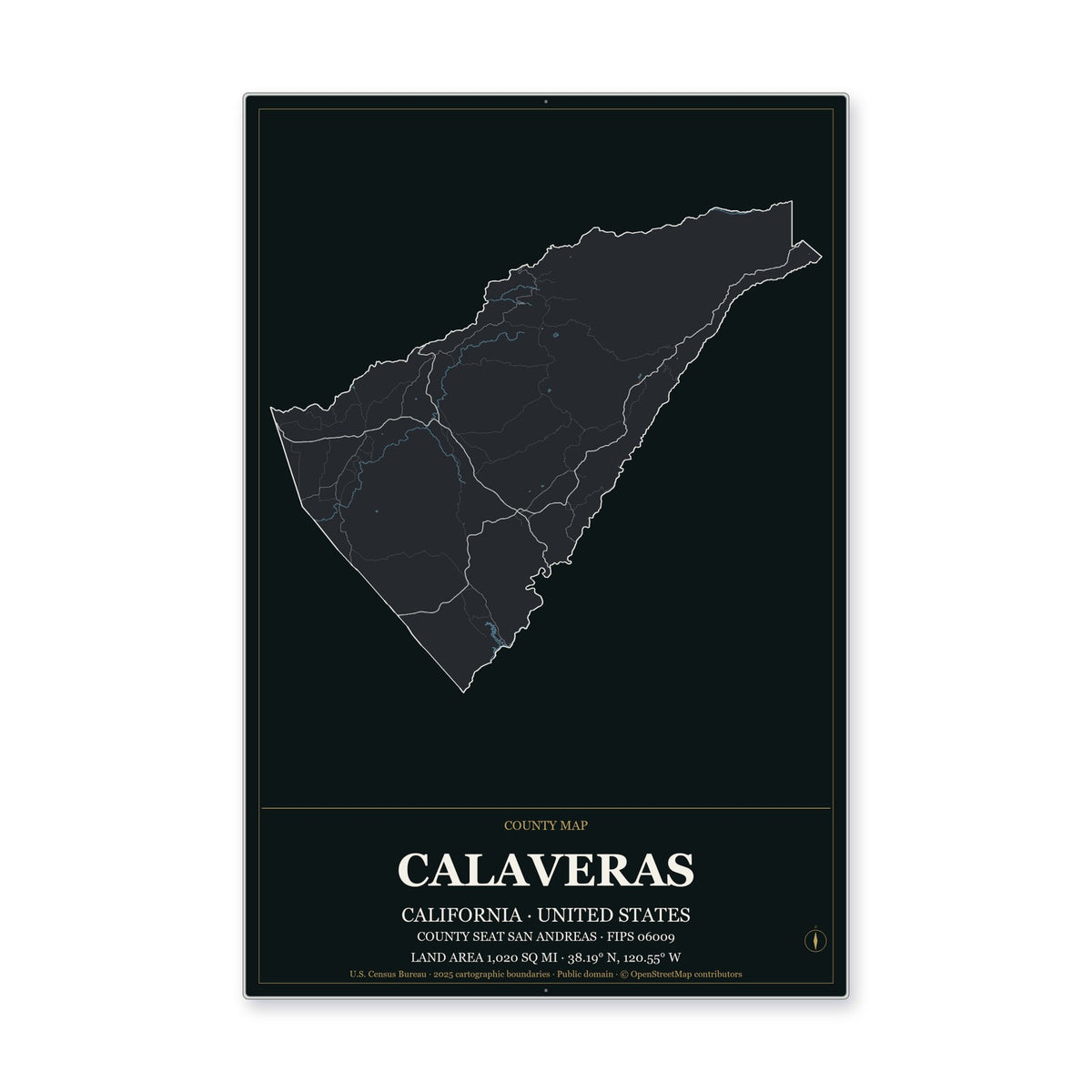 Calaveras County, California Map Aluminum Sign in Metropolitan Noir style