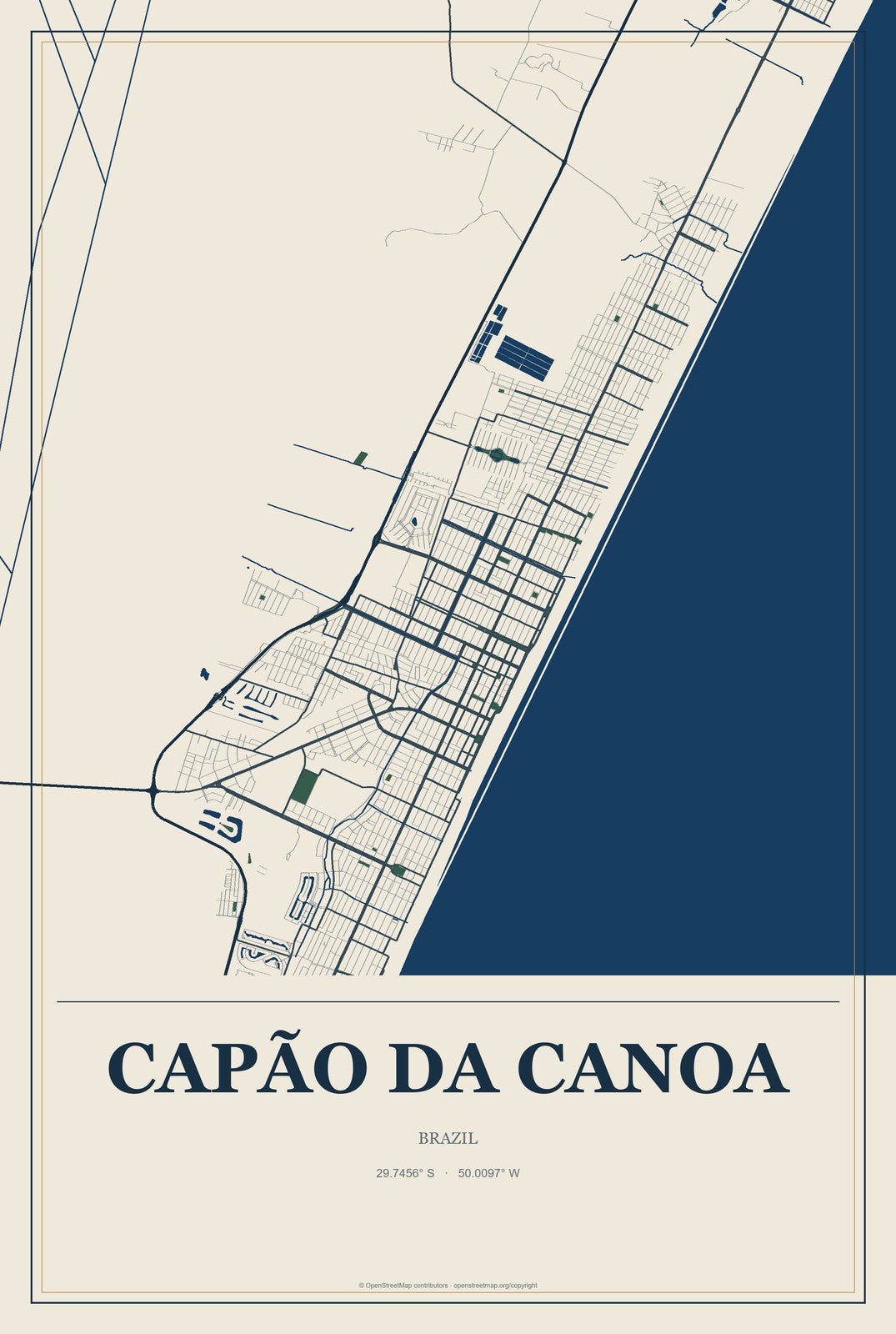 Capão da Canoa, Brazil City Map Aluminum Sign in Coastal Cutout style