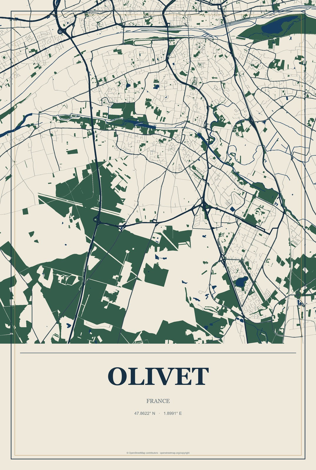Olivet, France City Map Aluminum Sign in Coastal Cutout style