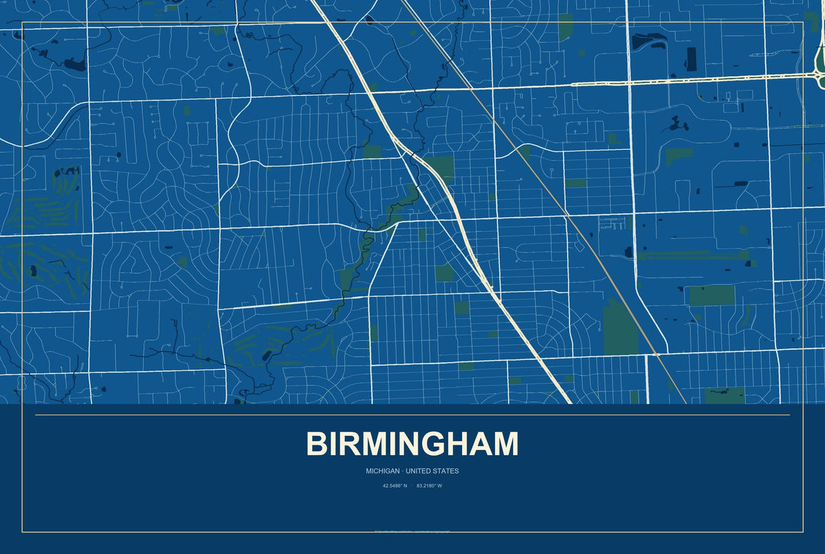 Birmingham, Michigan City Map Aluminum Sign in Harbor Cobalt style