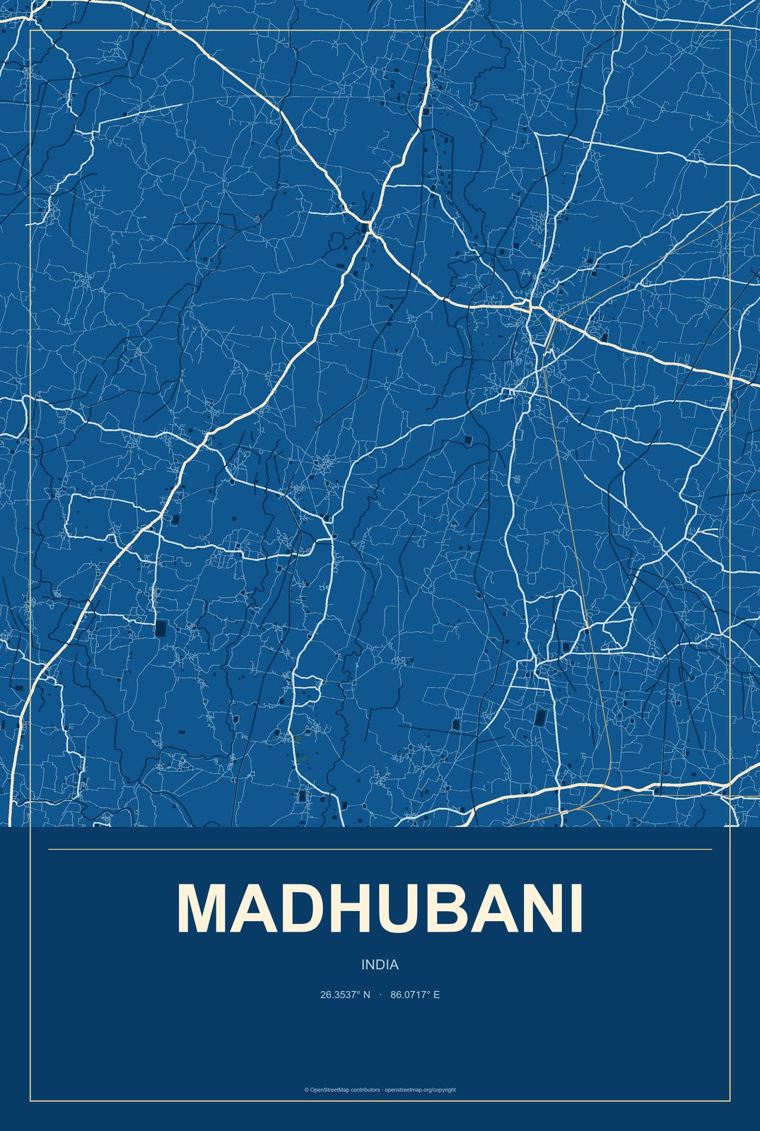 Madhubani, India City Map Aluminum Sign in Harbor Cobalt style