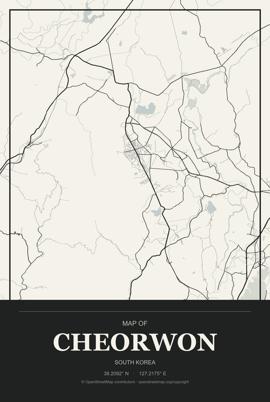 Cheorwon, South Korea City Map Aluminum Sign in Museum Plaque style