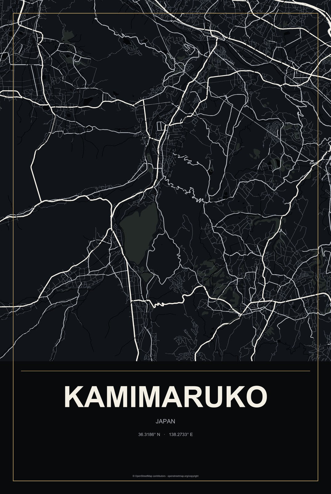 Kamimaruko, Japan City Map Aluminum Sign in Metropolitan Noir style