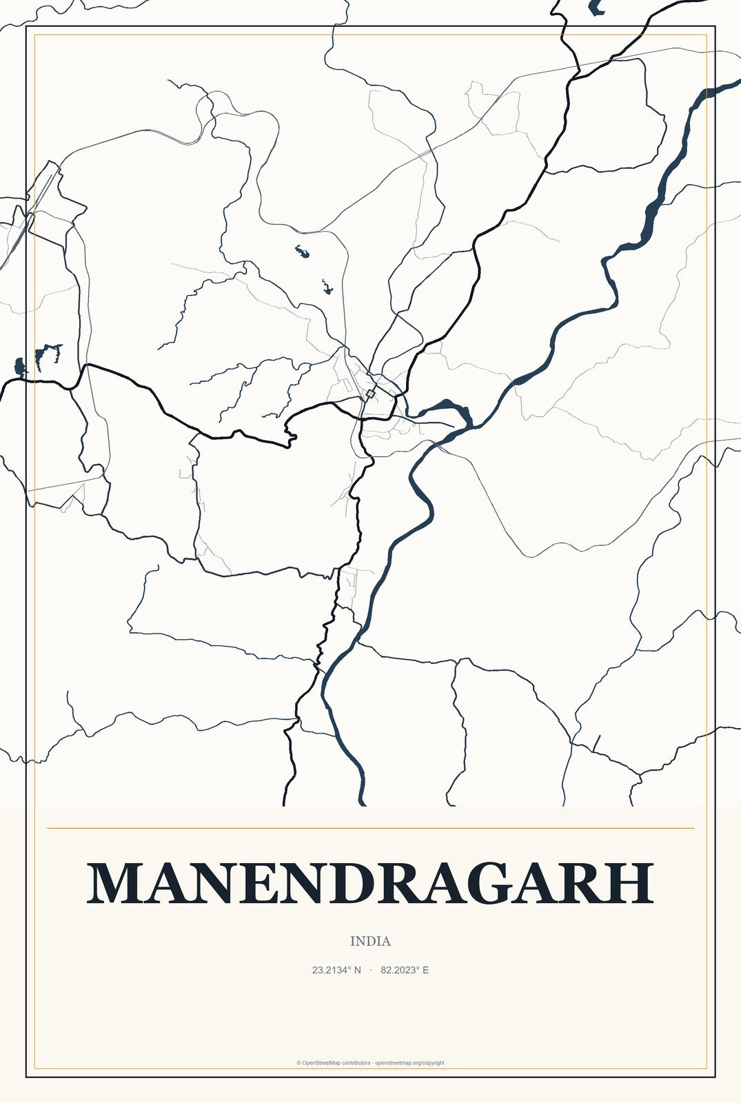 Manendragarh, India City Map Aluminum Sign in Citrine Modern style