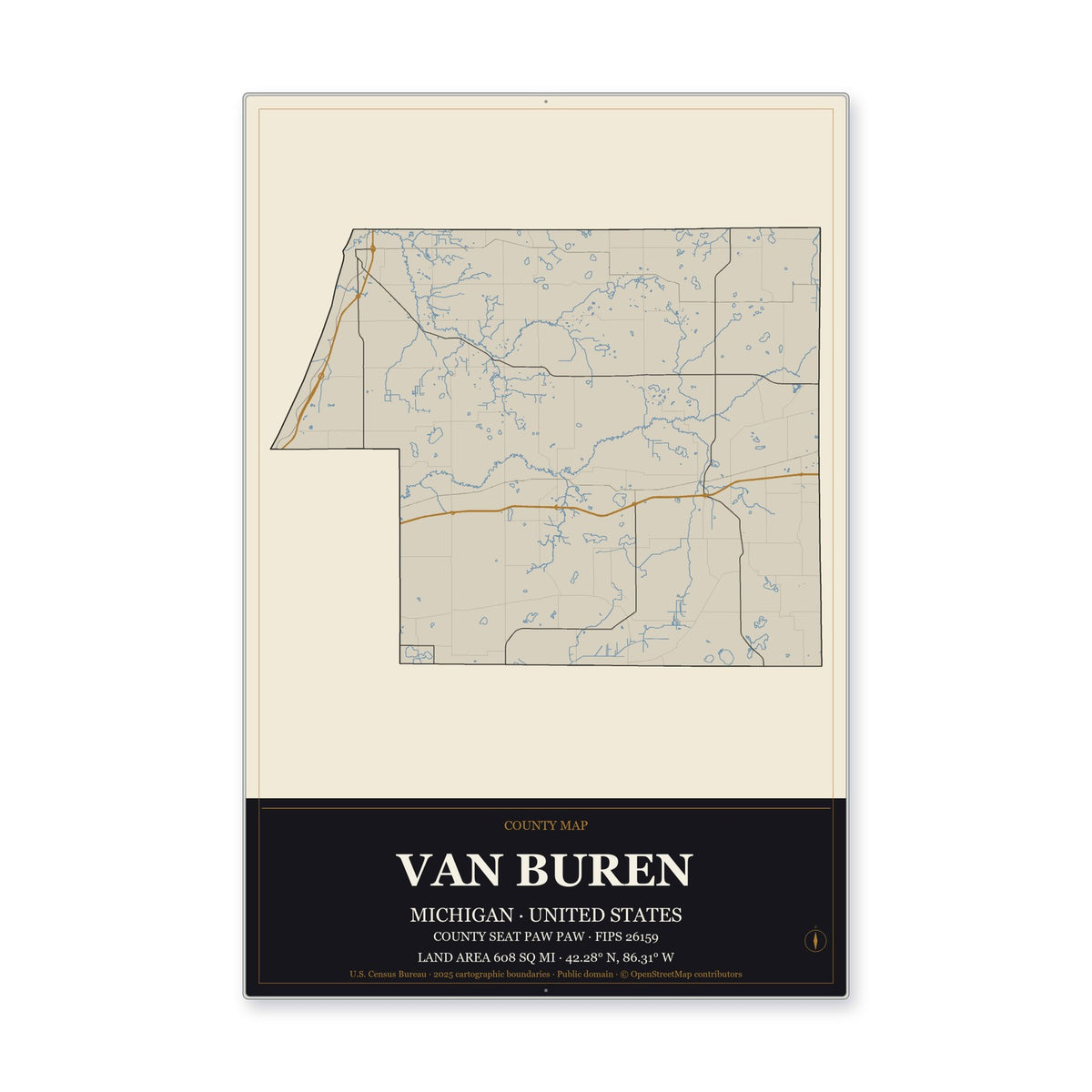 Van Buren County, Michigan Map Aluminum Sign in Museum Plaque style