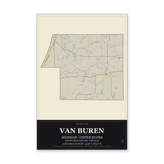 Van Buren County, Michigan Map Aluminum Sign in Museum Plaque style