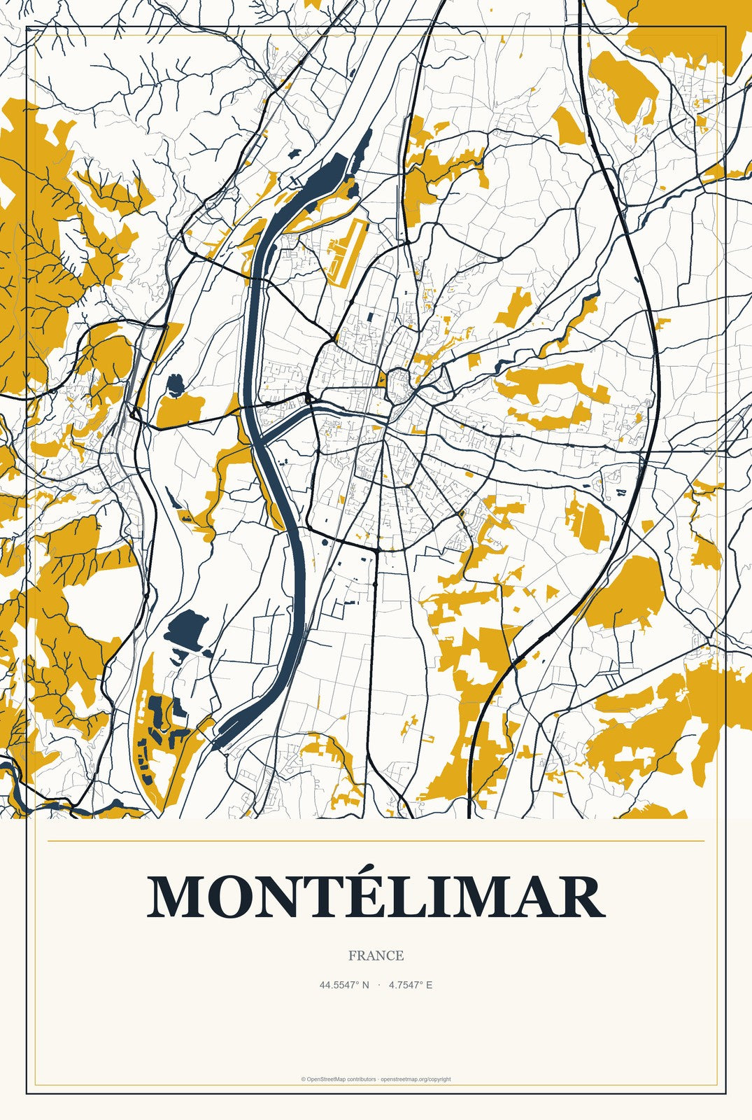 Montélimar, France City Map Aluminum Sign in Citrine Modern style