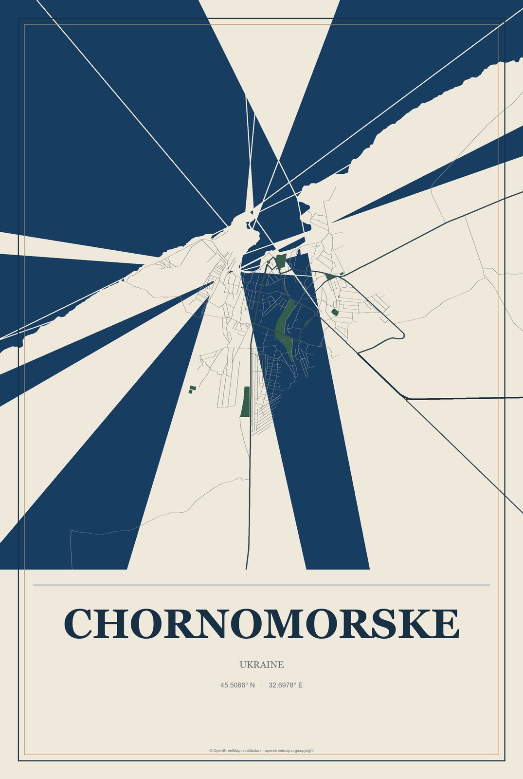 Chornomorske, Ukraine City Map Aluminum Sign in Coastal Cutout style