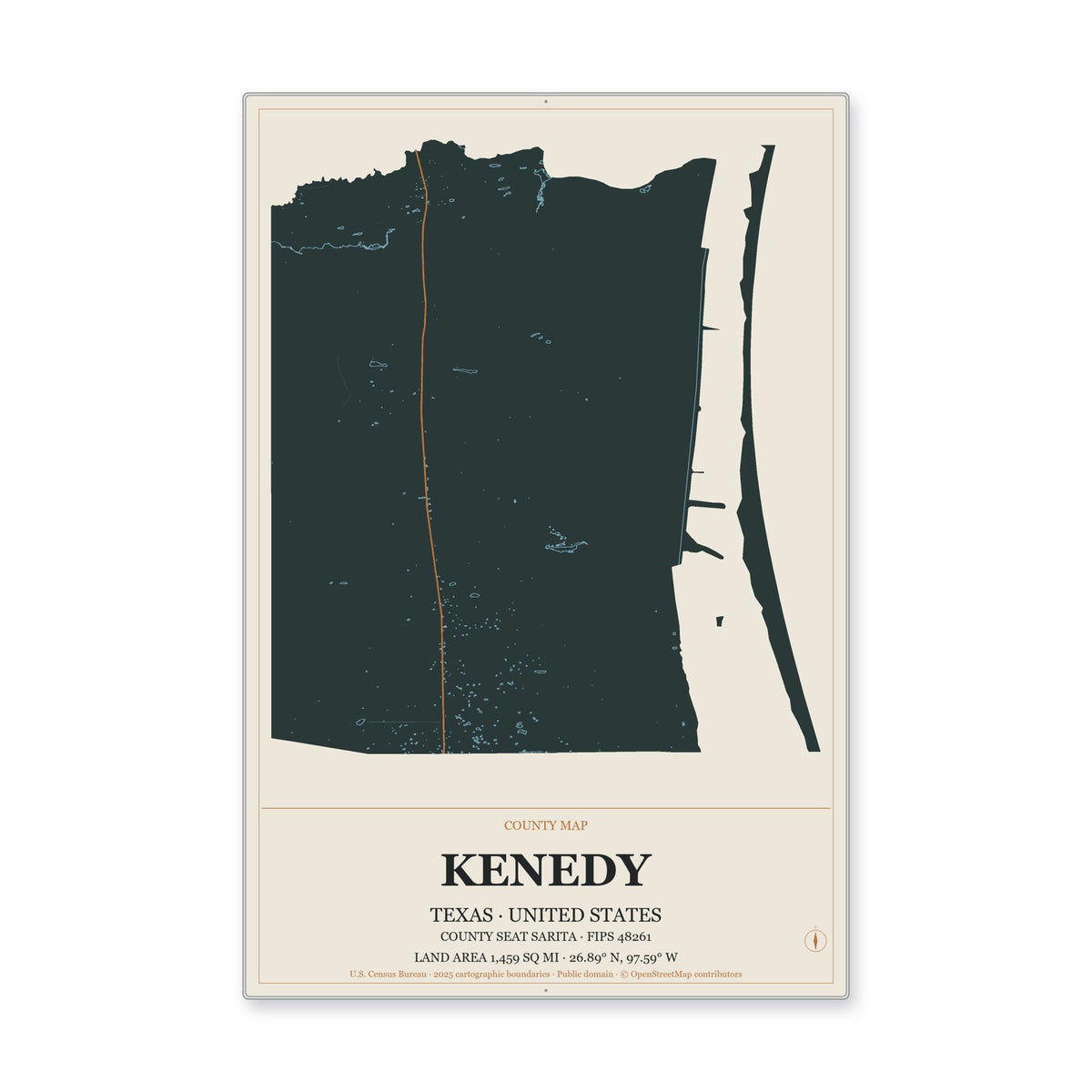 Kenedy County, Texas Map Aluminum Sign in Headline Atlas style