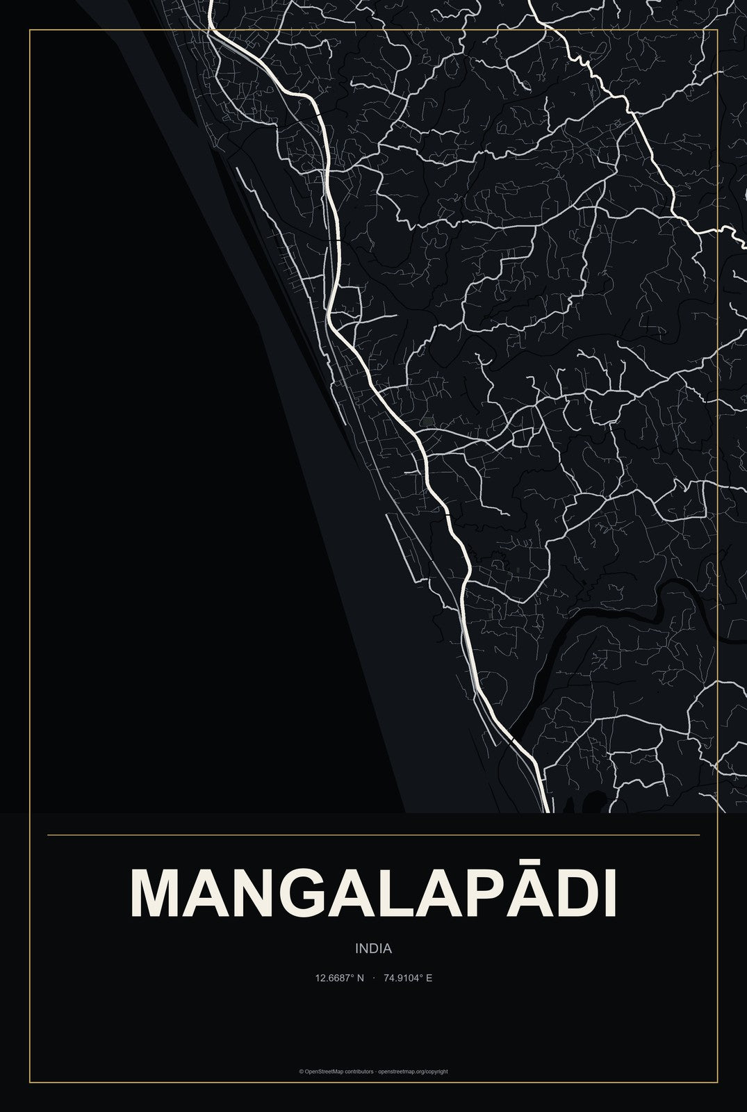 Mangalapādi, India City Map Aluminum Sign in Metropolitan Noir style