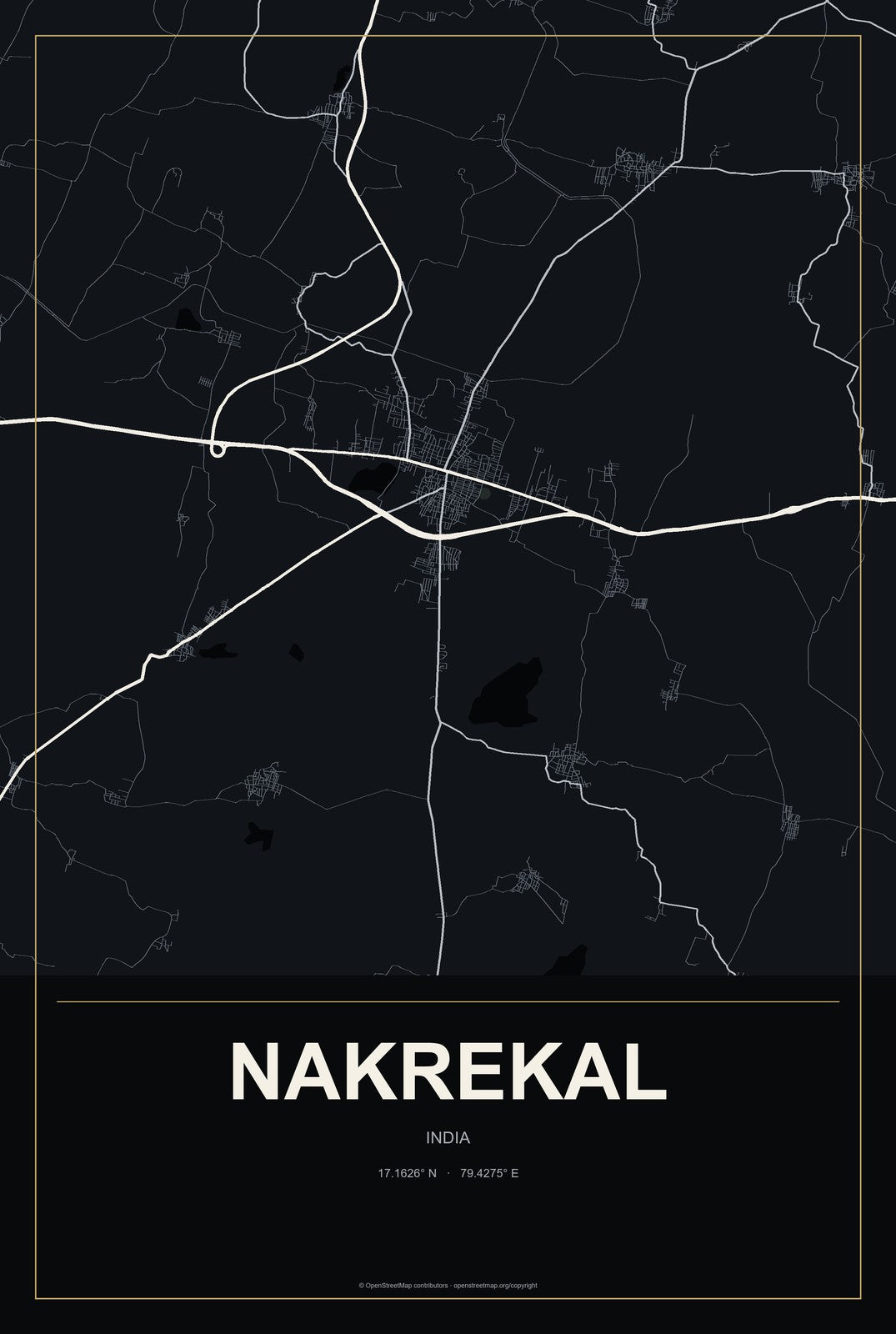 Nakrekal, India City Map Aluminum Sign in Metropolitan Noir style