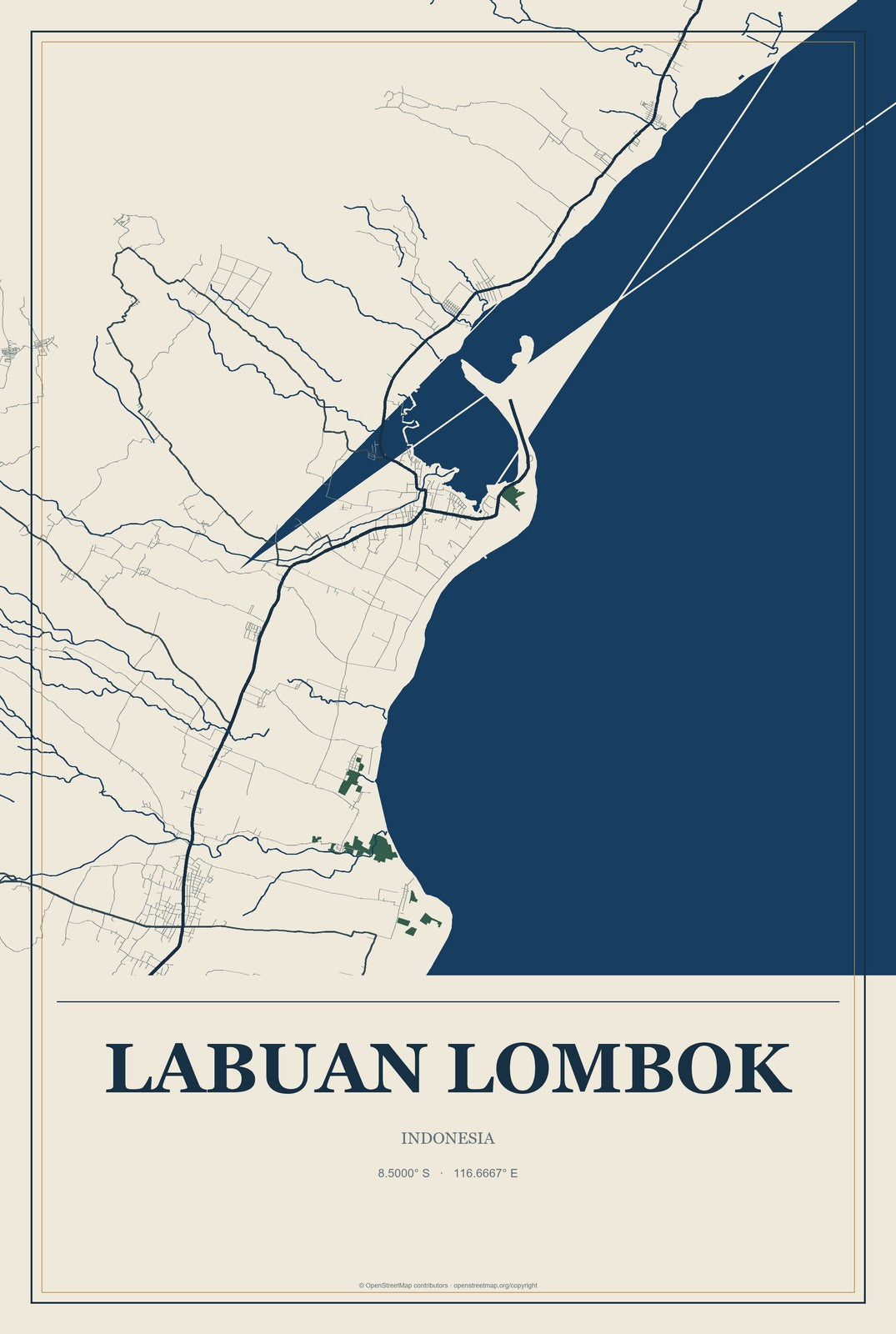 Labuan Lombok, Indonesia City Map Aluminum Sign in Coastal Cutout style