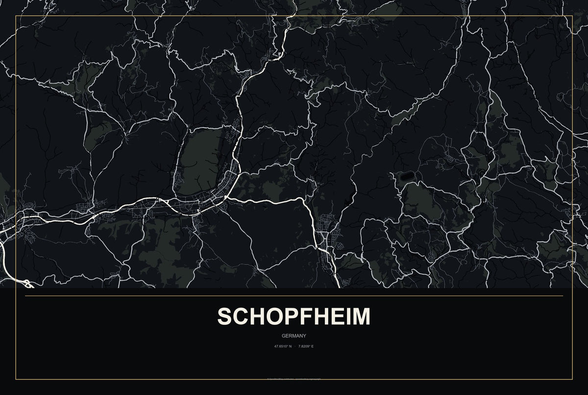 Schopfheim, Germany City Map Aluminum Sign in Metropolitan Noir style
