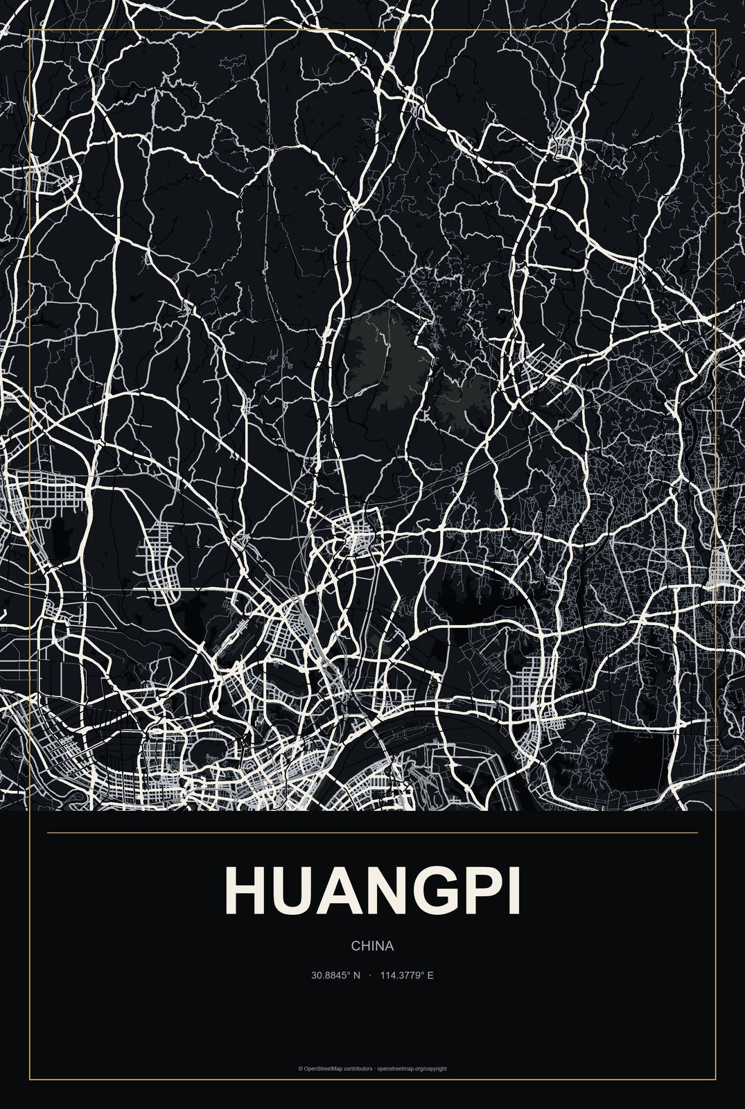 Huangpi, China City Map Aluminum Sign in Metropolitan Noir style
