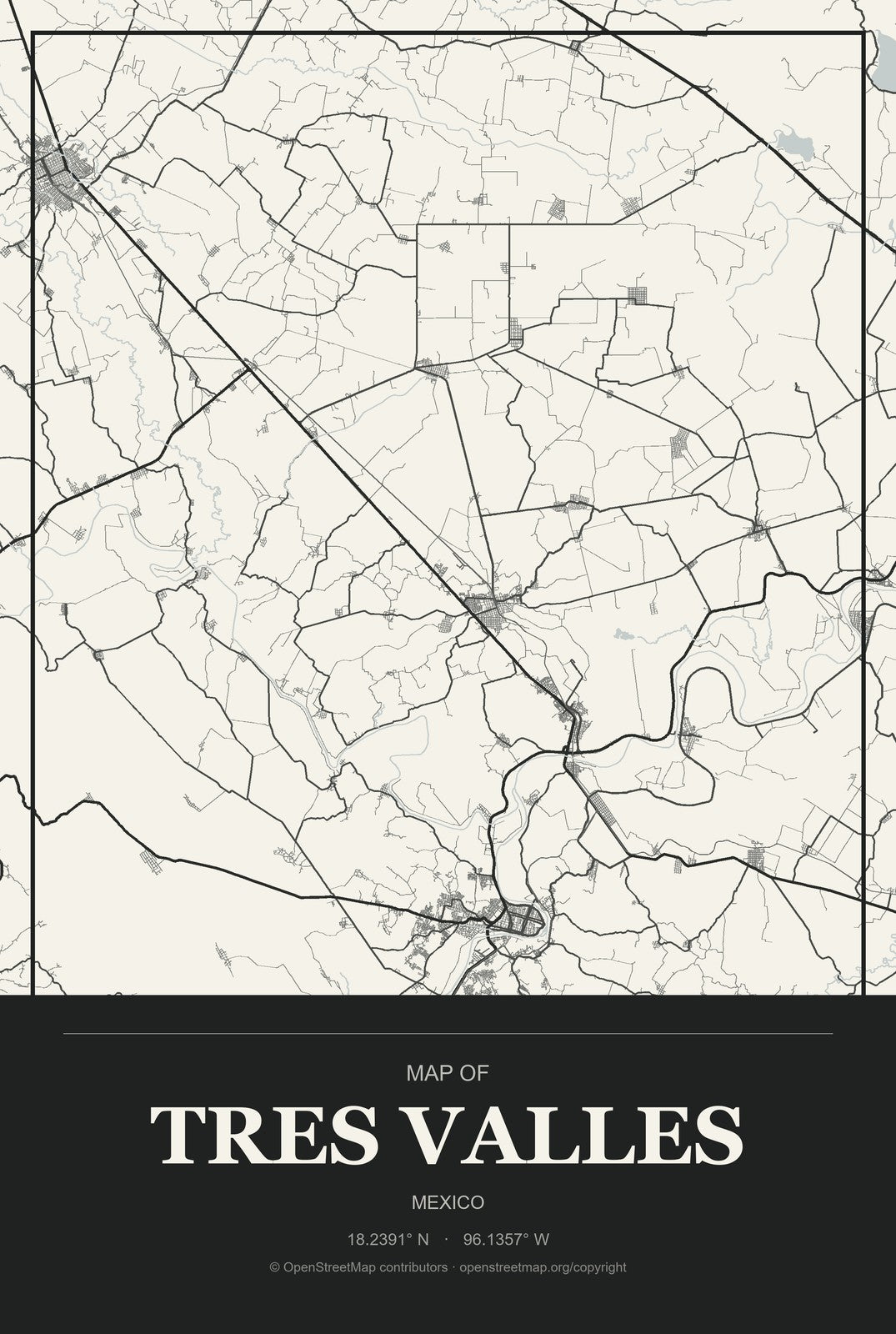 Tres Valles, Mexico City Map Aluminum Sign in Museum Plaque style