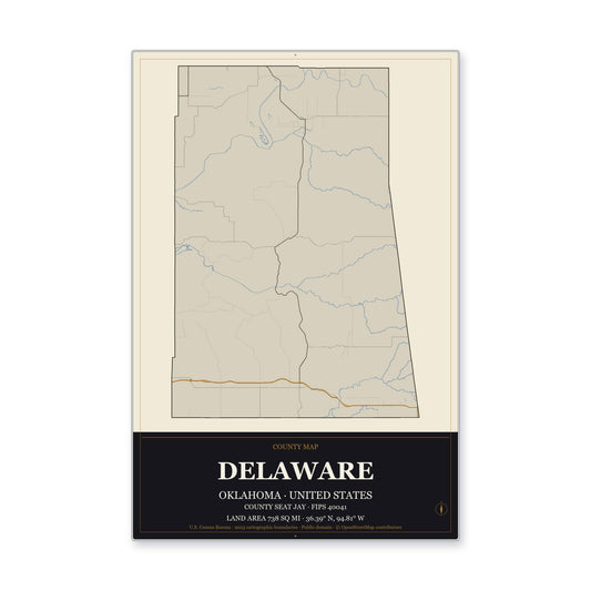 Delaware County, Oklahoma Map Aluminum Sign in Museum Plaque style