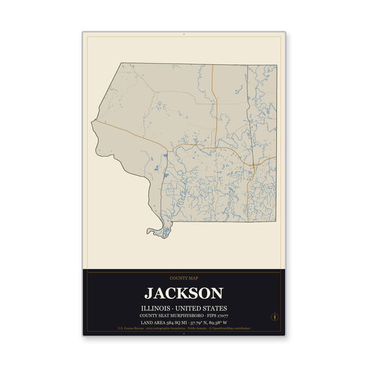 Jackson County, Illinois Map Aluminum Sign in Museum Plaque style