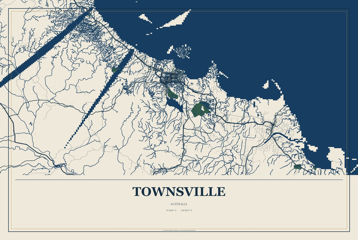 Townsville, Australia City Map Aluminum Sign in Coastal Cutout style