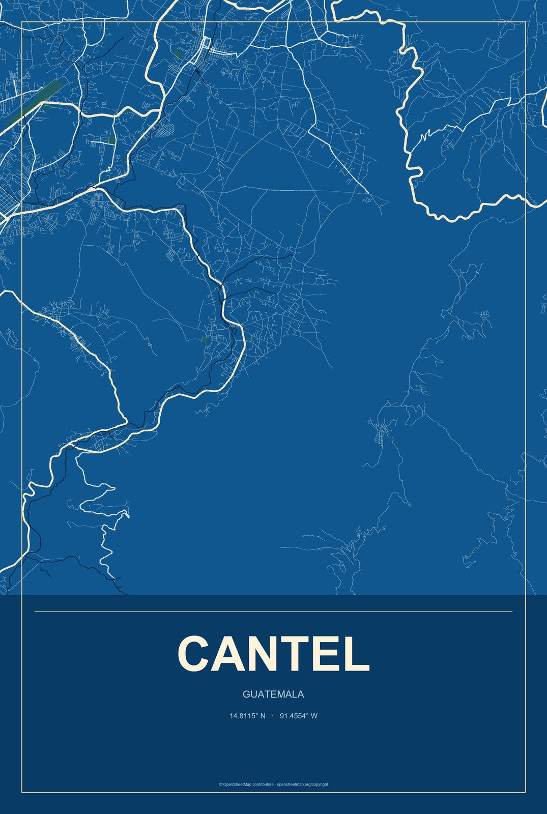 Cantel, Guatemala City Map Aluminum Sign in Harbor Cobalt style
