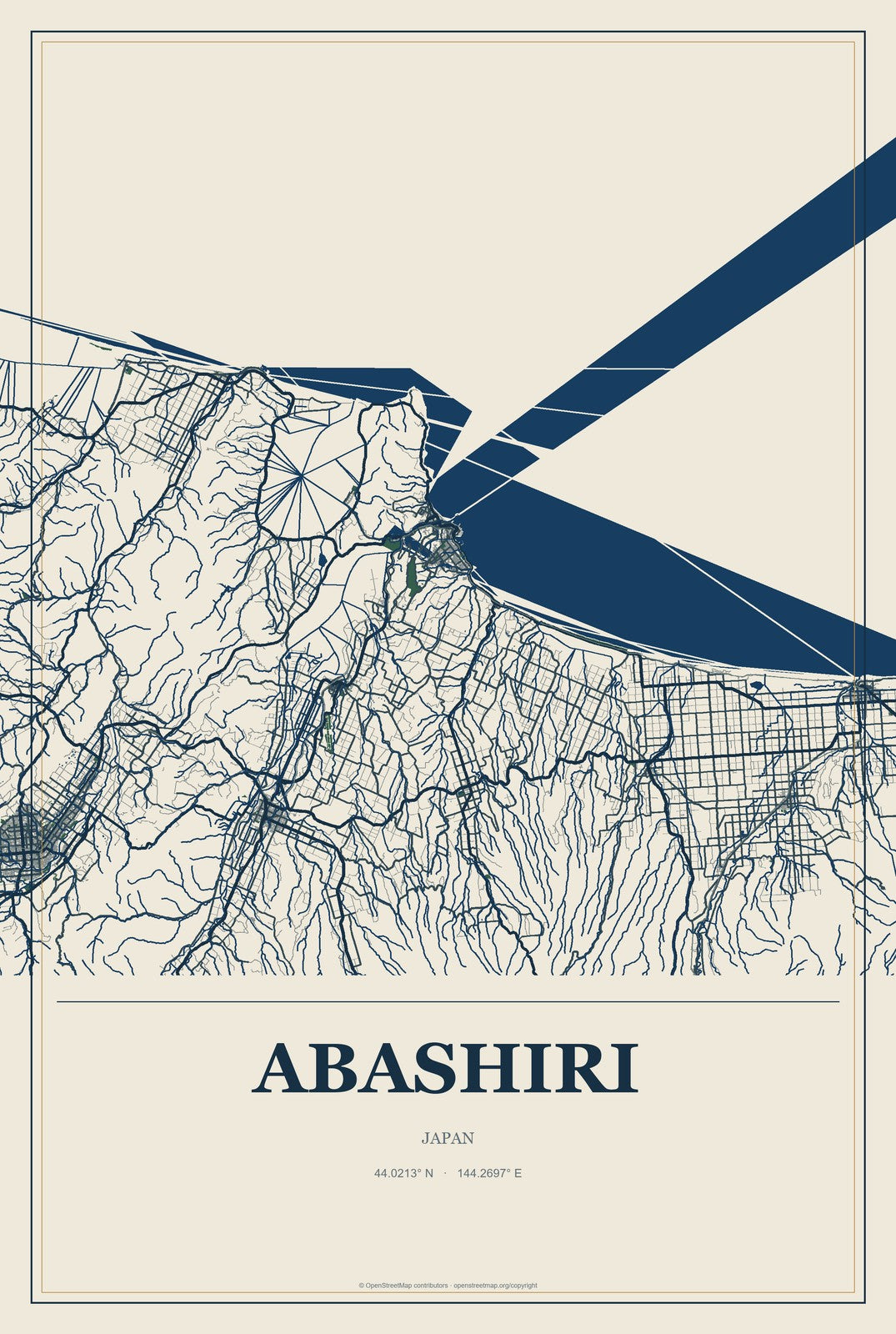 Abashiri, Japan City Map Aluminum Sign in Coastal Cutout style