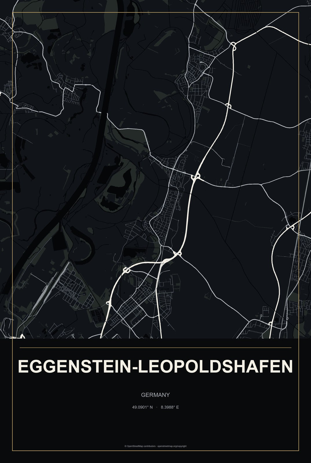 Eggenstein-Leopoldshafen, Germany City Map Aluminum Sign in Metropolitan Noir style
