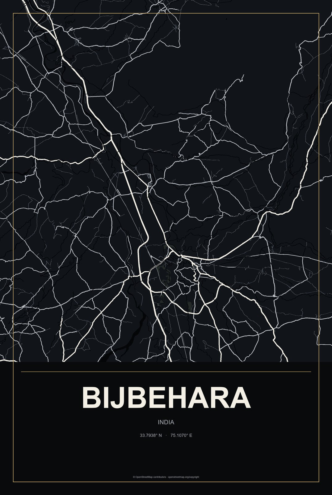 Bijbehara, India City Map Aluminum Sign in Metropolitan Noir style