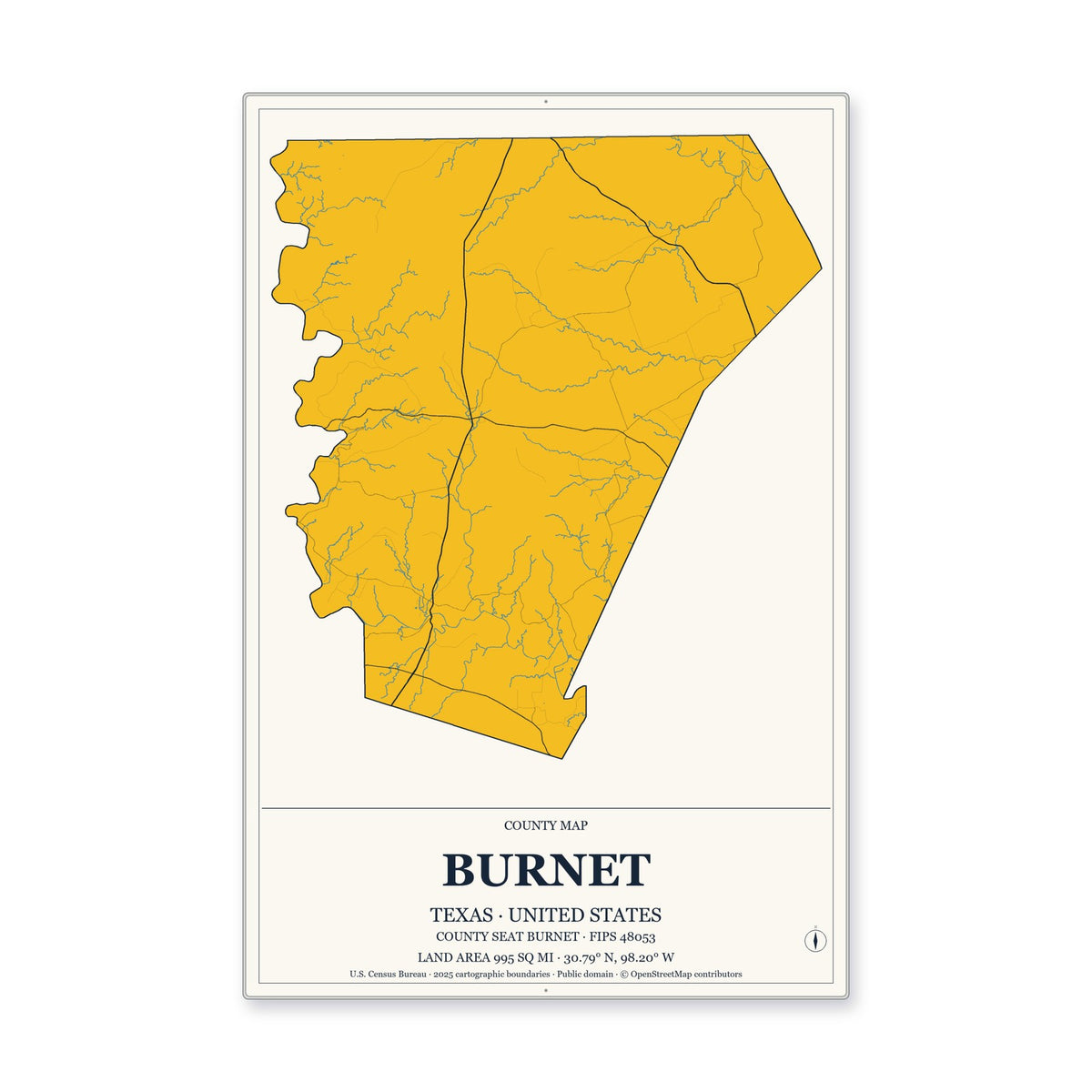 Burnet County, Texas Map Aluminum Sign in Citrine Modern style