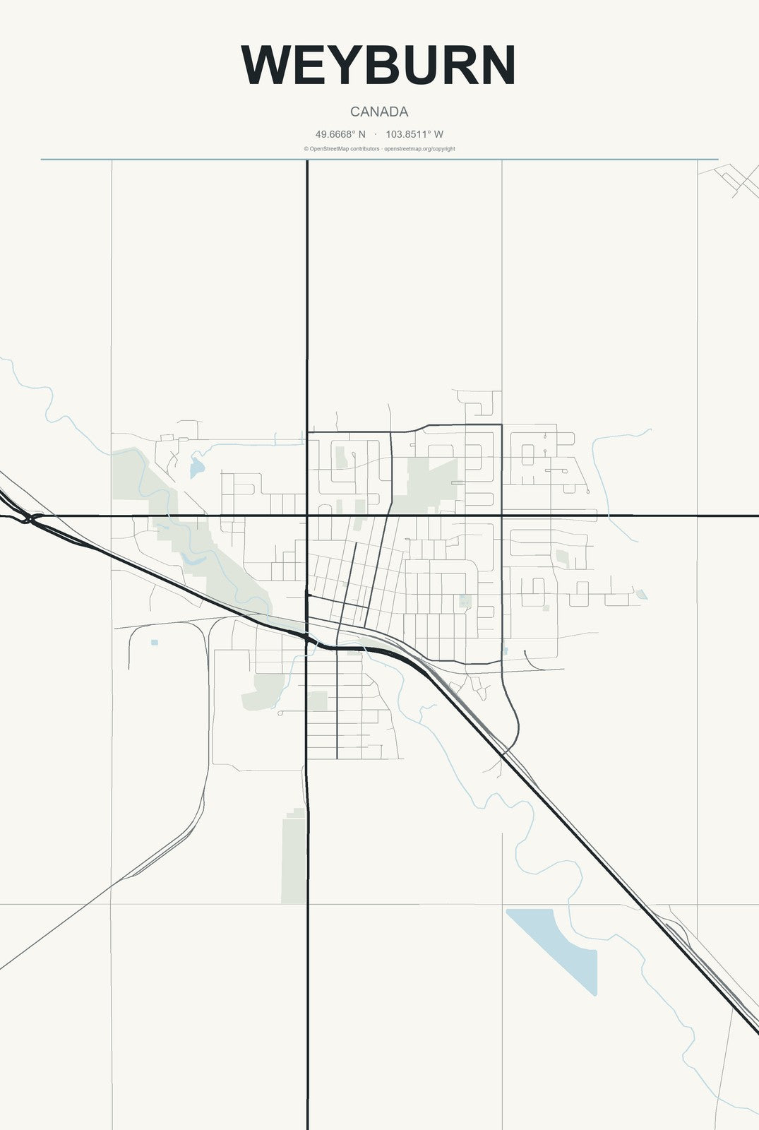 Weyburn, Canada City Map Aluminum Sign in Headline Atlas style