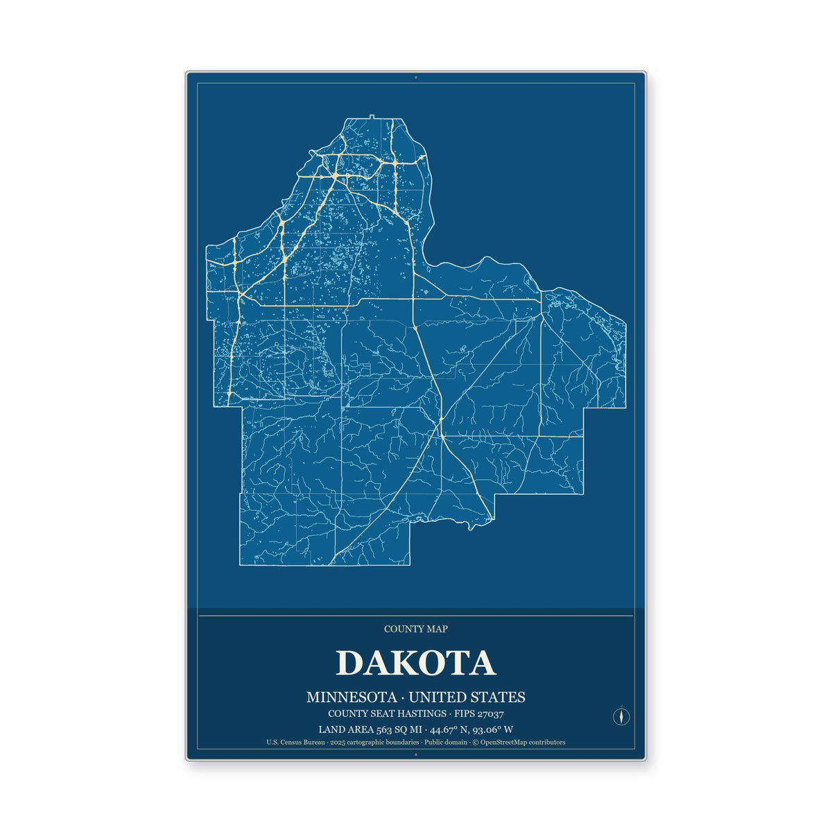 Dakota County, Minnesota Map Aluminum Sign in Harbor Cobalt style