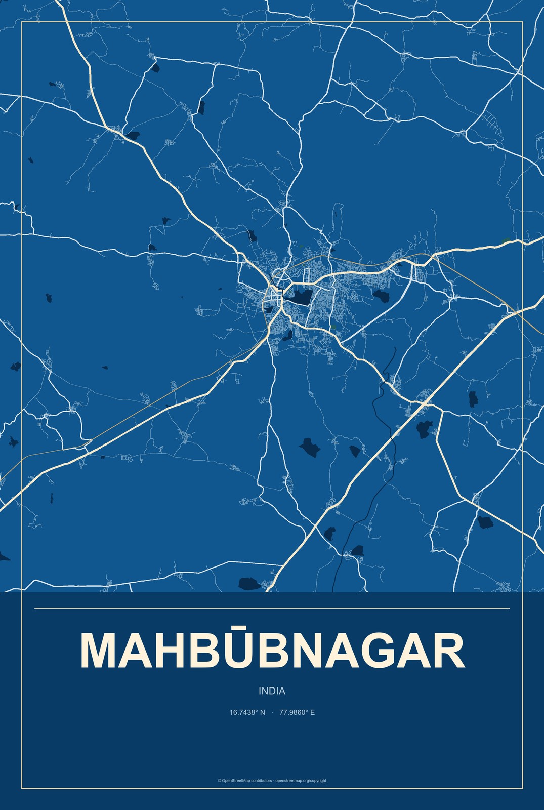 Mahbūbnagar, India City Map Aluminum Sign in Harbor Cobalt style