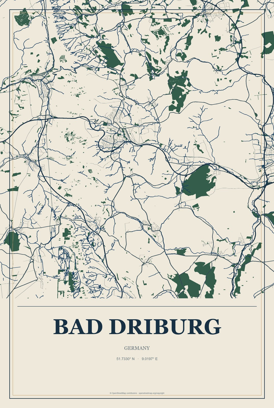 Bad Driburg, Germany City Map Aluminum Sign in Coastal Cutout style