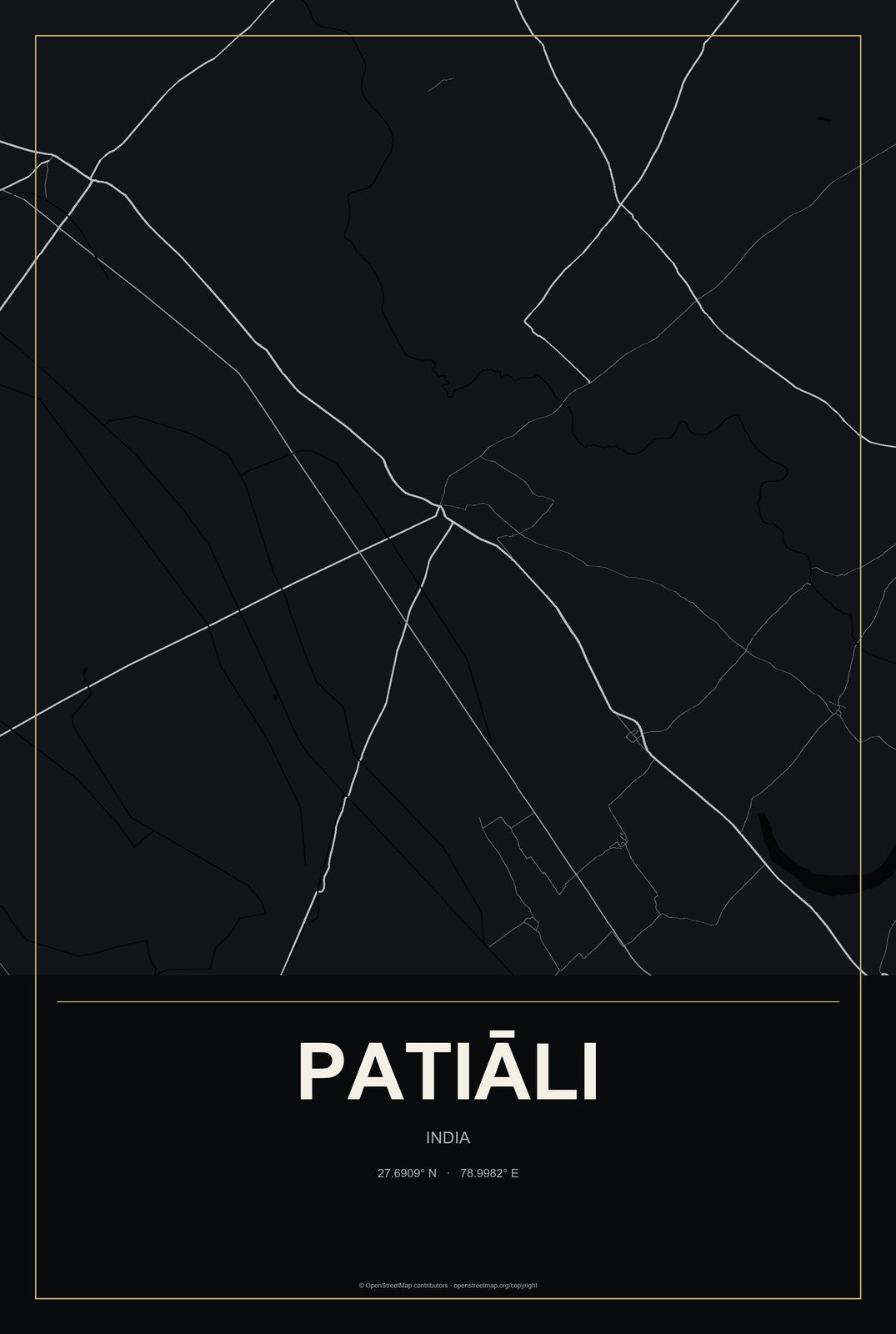Patiāli, India City Map Aluminum Sign in Metropolitan Noir style