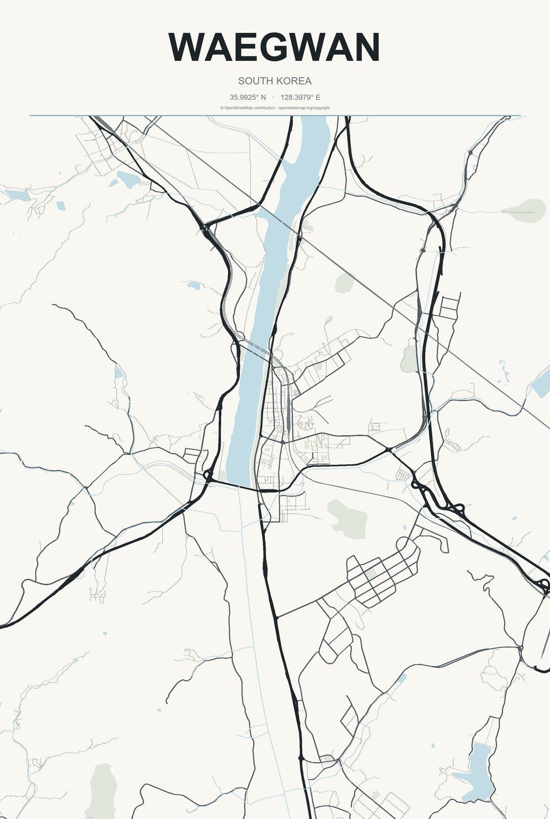 Waegwan, South Korea City Map Aluminum Sign in Headline Atlas style