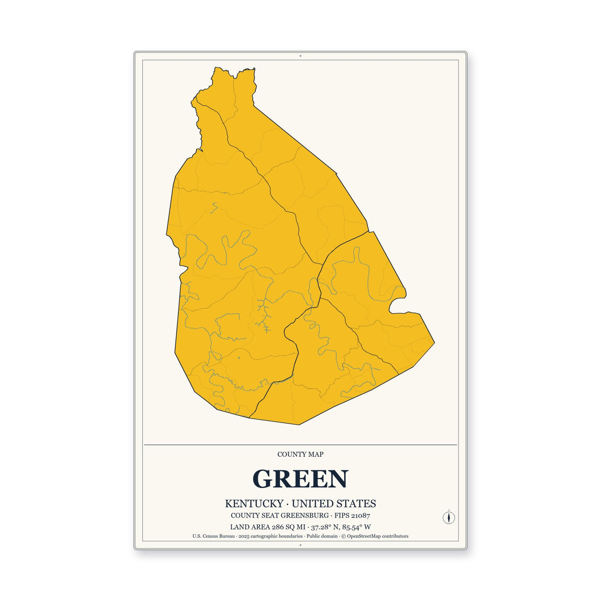 Green County, Kentucky Map Aluminum Sign in Citrine Modern style