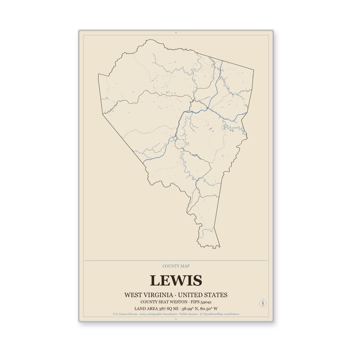 Lewis County, West Virginia Map Aluminum Sign in Heritage Nautical style