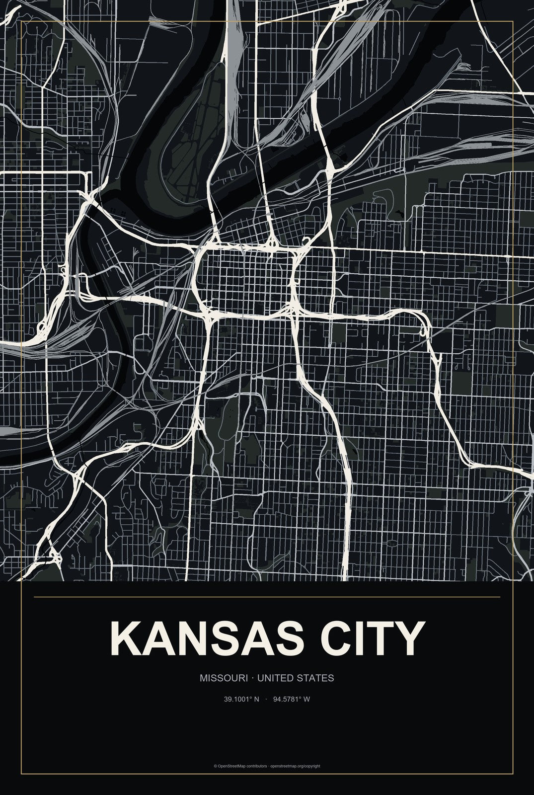 Kansas City, Missouri City Map Aluminum Sign in Metropolitan Noir style