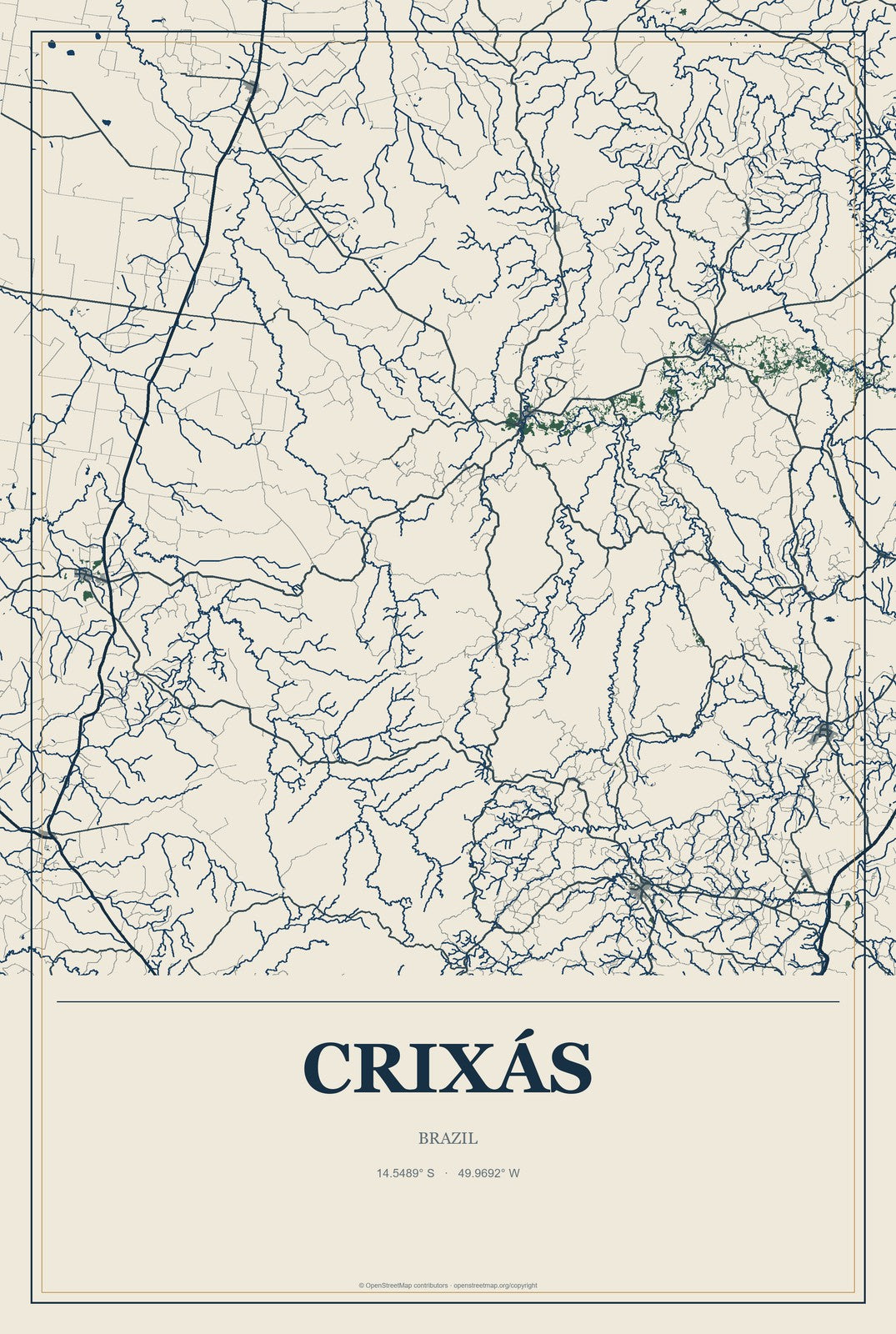 Crixás, Brazil City Map Aluminum Sign in Coastal Cutout style
