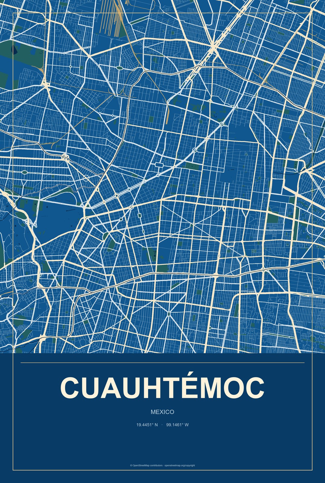 Cuauhtémoc, Mexico City, Mexico City Map Aluminum Sign in Harbor Cobalt style