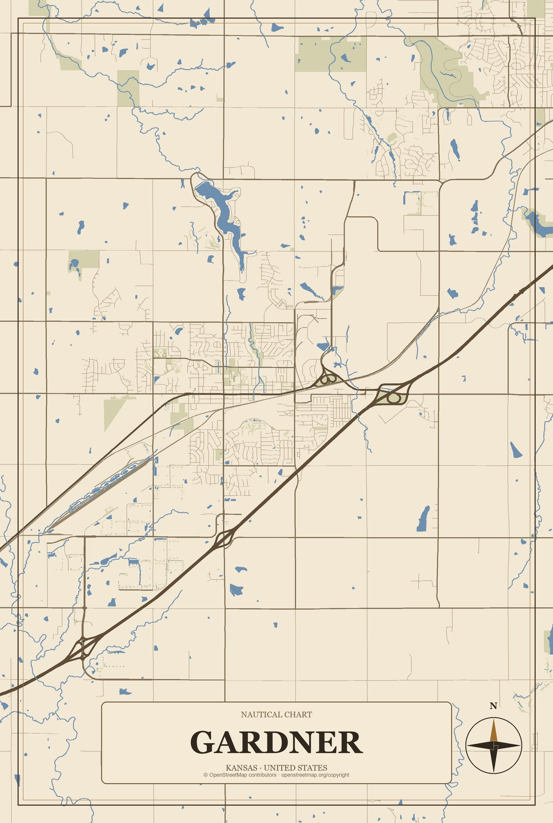 Gardner, Kansas City Map Aluminum Sign in Heritage Nautical style